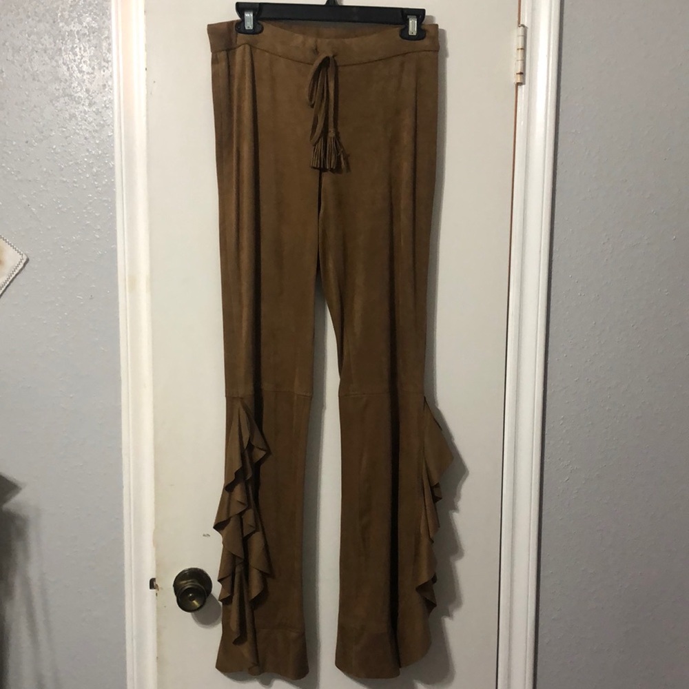 Brown Suede Ruffle Pants